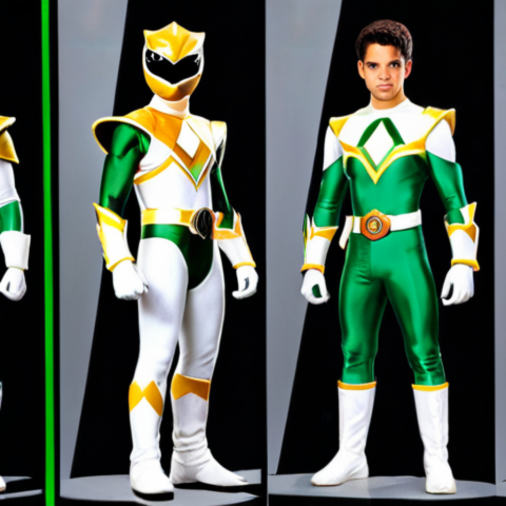 **Character Evolution**: Create an image showcasing the evolution of a Power Ranger character, illustrating the transformation of Tommy Oliver from the Green Ranger to the White Ranger. Highlight the complexity of his character with elements that represent his journey and emotional growth.