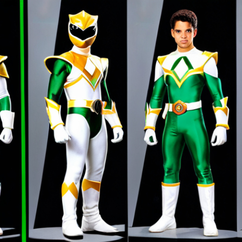 **Character Evolution**: Create an image showcasing the evolution of a Power Ranger character, illustrating the transformation of Tommy Oliver from the Green Ranger to the White Ranger. Highlight the complexity of his character with elements that represent his journey and emotional growth.