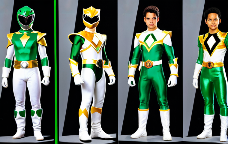 **Character Evolution**: Create an image showcasing the evolution of a Power Ranger character, illustrating the transformation of Tommy Oliver from the Green Ranger to the White Ranger. Highlight the complexity of his character with elements that represent his journey and emotional growth.