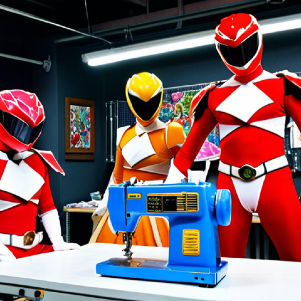 **Prompt:** Cosplayers meticulously crafting a Super Sentai costume, focusing on the intricate details of kevlar-like fabrics, hard plastic pieces, and complex reinforcements, contrasting with a vibrant, yet simpler, spandex Power Rangers suit in the background. The setting is a brightly lit workshop filled with sewing machines, pattern drafts, and various costume materials.