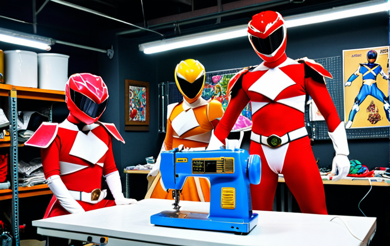 **Prompt:** Cosplayers meticulously crafting a Super Sentai costume, focusing on the intricate details of kevlar-like fabrics, hard plastic pieces, and complex reinforcements, contrasting with a vibrant, yet simpler, spandex Power Rangers suit in the background. The setting is a brightly lit workshop filled with sewing machines, pattern drafts, and various costume materials.